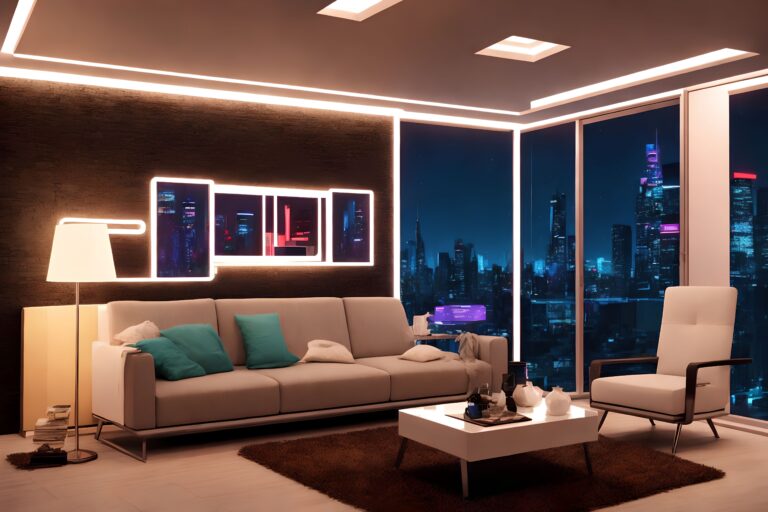 futuristic interior design luxury modern house with neon light, generative art by A